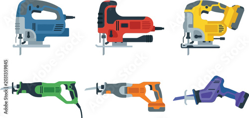 Fotografie Colorful collection of electric power saws featuring jigsaws and reciprocating s