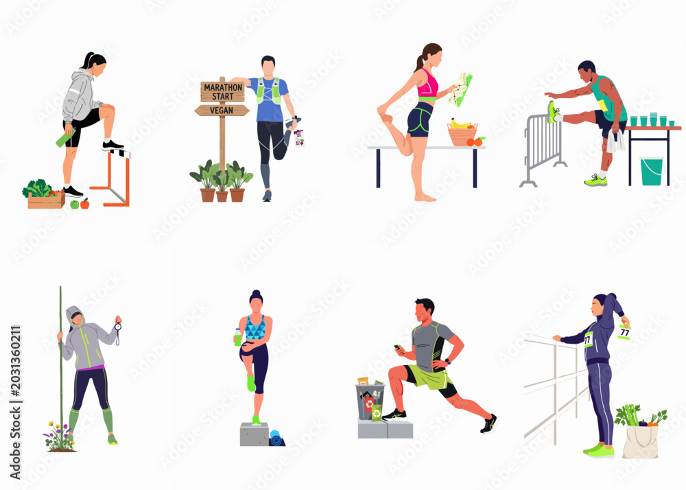 Fototapeta premium Flat vector illustration set featuring diverse people training for a marathon, stretching, practicing healthy habits, and focusing on sustainability and plant-based nutrition.