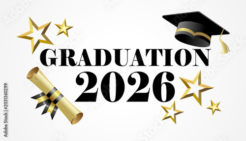 Graduation 2026, lettering logo for graduations greeting design. Class of 2026 concept with typography, graduation diploma, stars and academic cap. Vector illustration