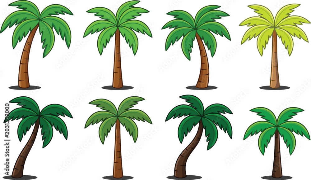 Obraz premium Cartoon Tropical Palm Tree Icon Collection Featuring Curved Exotic Coconut Palms for Summer Beach Vacation and Island Paradise Vector Illustration