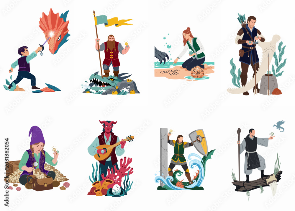 Ταπετσαρία Collection of diverse fantasy tabletop roleplaying game character illustrations featuring heroes, monsters, and d20 dice in various adventure scenarios