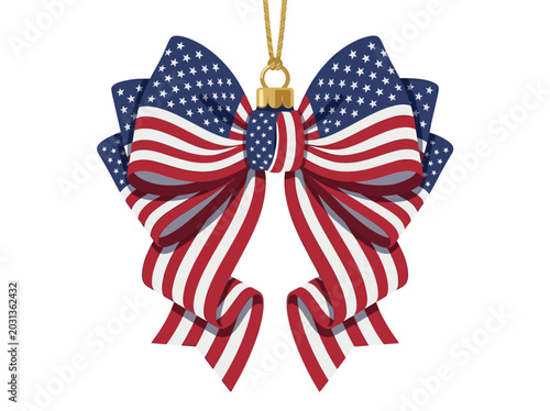 American flag ribbon bow ornament with stripes and stars isolated on white