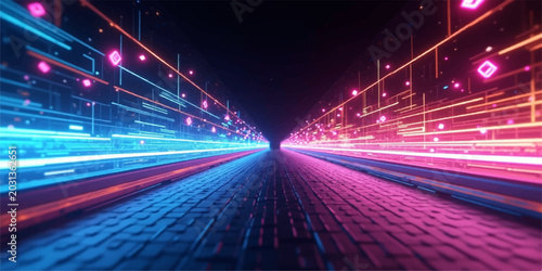 Foto Abstract motion blur of fast car light trails sweeps across the dark city highwa