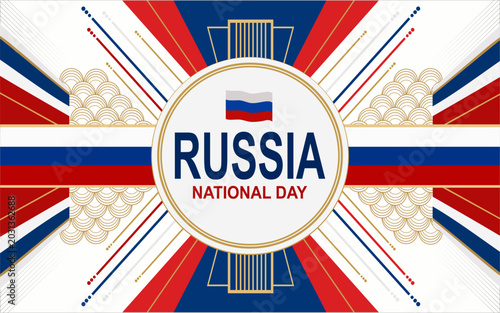 Photography Russia National Day background banner template with luxury art deco geometric gold lines and russian flag vector illustration