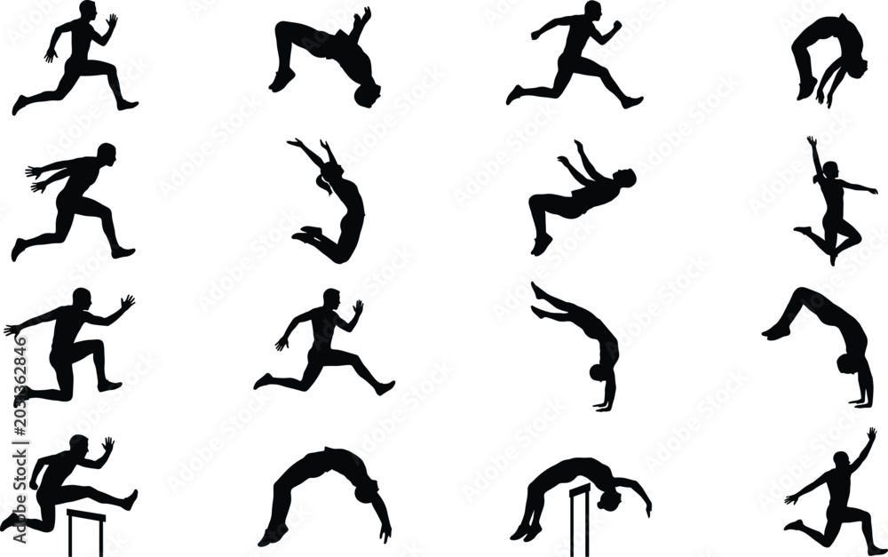 Fototapeta premium Athletic Jumping and Gymnastics Human Silhouette Collection with Running Acrobatics and Dynamic Sports Action Poses