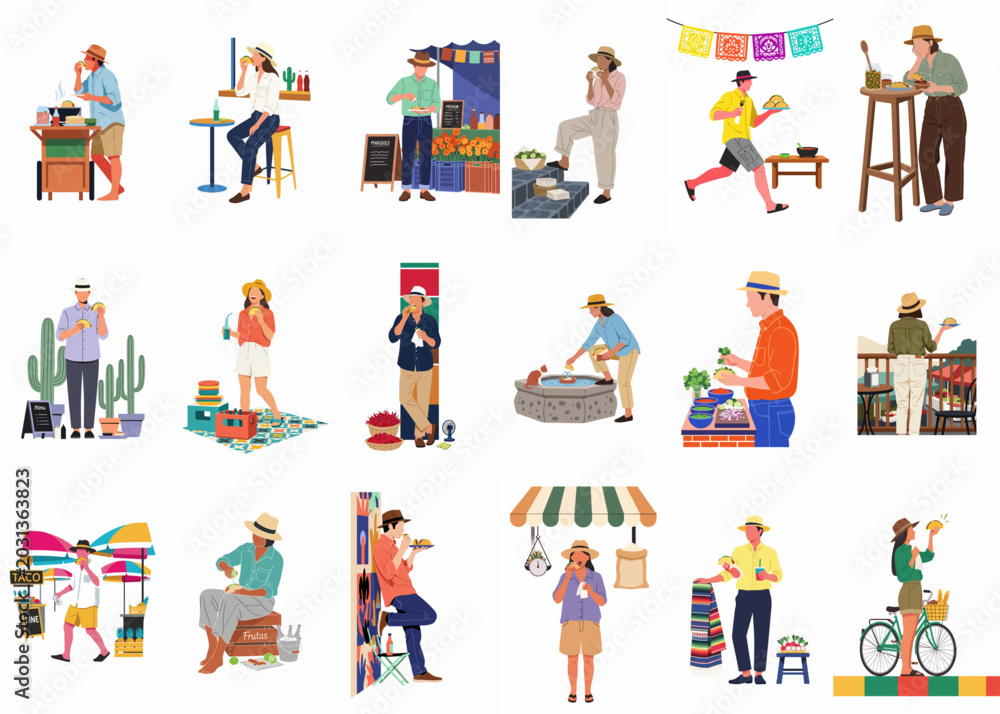Fototapeta premium Collection of diverse people enjoying traditional Mexican street food and tacos in various vibrant settings, minimalist flat vector illustration.