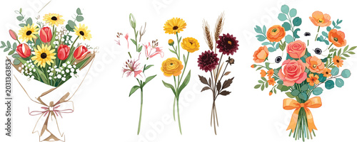 Watercolor Style Autumnal Flower Bouquets Collection Featuring Red Tulips Yellow Sunflowers Pink Lilies Marigolds Dahlias and Orange Roses Vector Illustration
