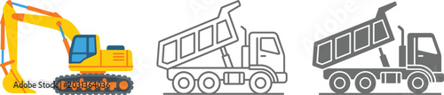 Konstfotografi Heavy Construction Machinery Icon Set Featuring Yellow Tracked Excavator and Tip
