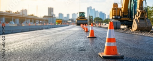 Orange Traffic Cones on Asphalt Road with Construction Machinery in Background on Sunny Day, Road safety and highway construction concept.