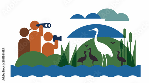 Birdwatchers observing a white heron and nature in a wetland landscape.