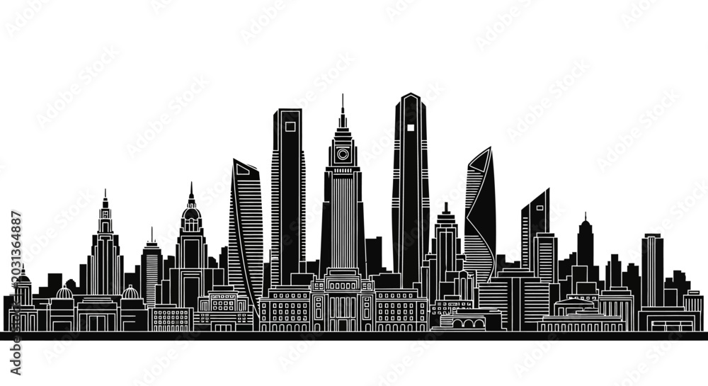 Obraz premium Black and white city skyline silhouette illustration