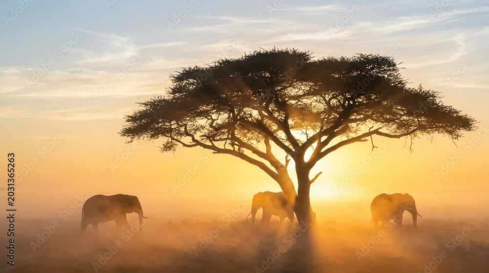 Fototapeta premium Three african elephants walking in savanna desert landscape during beautiful golden sunset light rays.