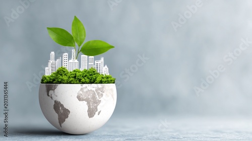 World Pollution Prevention Day hero image, hopeful future environment, clean sky green city and healthy nature, copy space for global awareness campaign, ultra high quality Adobe Stock com