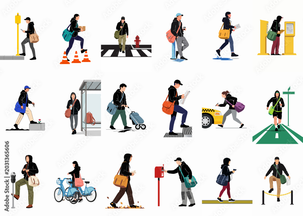 Fototapeta premium A diverse set of 18 flat vector characters in casual urban settings, walking, commuting, carrying bags, and interacting with city infrastructure.