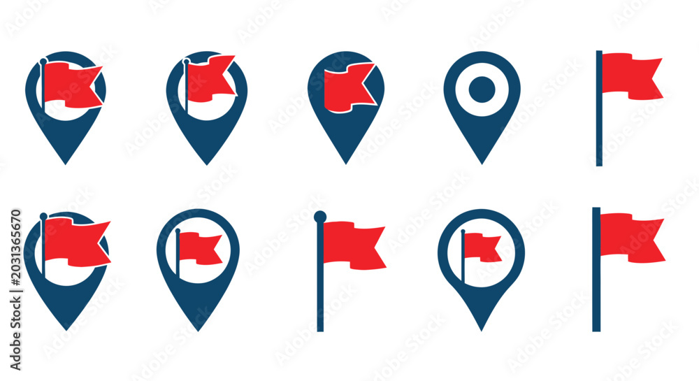 Fototapeta premium Red Flag Location Pointers and Map Pin Icons Set