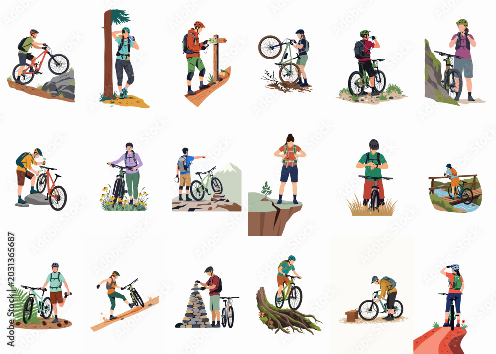 Fototapeta premium Set of diverse flat vector illustrations featuring people mountain biking and hiking in scenic outdoor environments during various adventure activities.