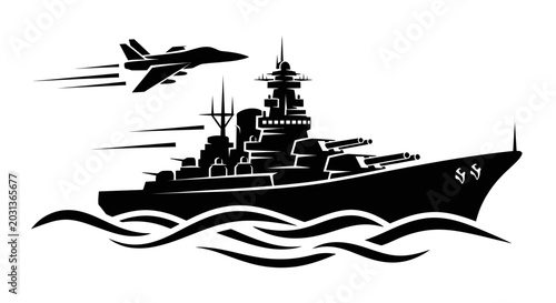 Fotografie Silhouette of a battleship and a fighter jet in motion with stylized waves