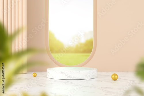 Natural Product Display Podium with Leaves, Organic Wellness Mockup Background, 3D Render