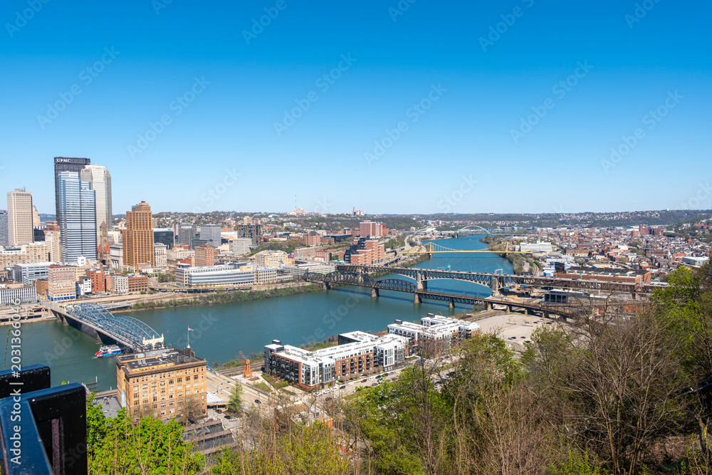 Obraz premium View of Pittsburgh city with rivers and bridges on a clear day