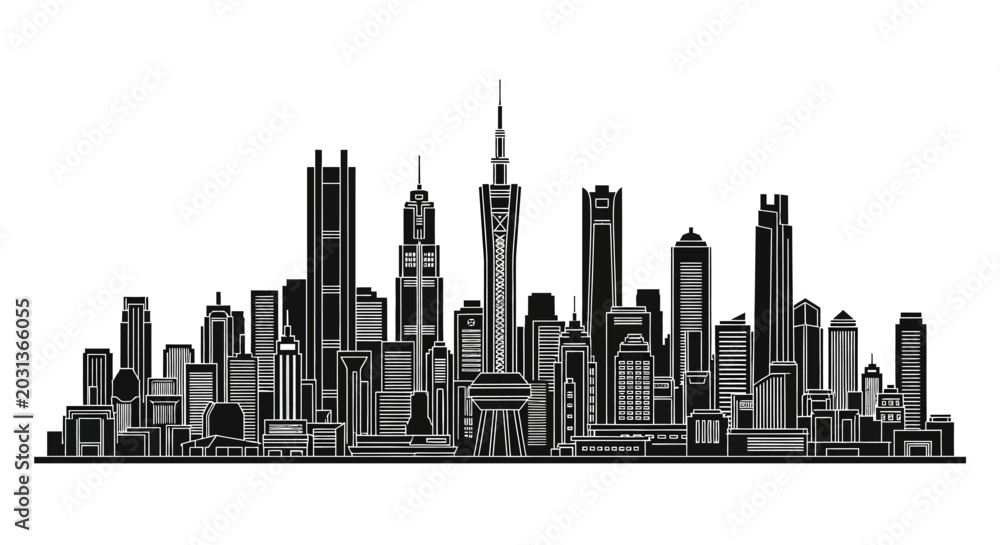 Obraz premium Modern city skyline silhouette with skyscrapers, urban architecture