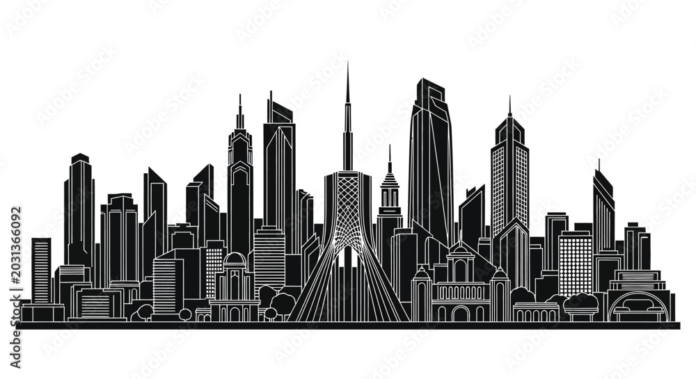 Fototapeta premium Tehran City Skyline Silhouette with Azadi Tower Landmark
