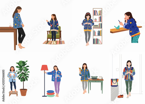 Fotografie Set of illustrations featuring women and girls wearing various decorated denim jackets in different indoor settings, showcasing individual style and creative DIY fashion