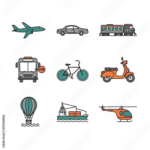 Transportation icons airplane car train bus bicycle scooter air balloon ship helicopter