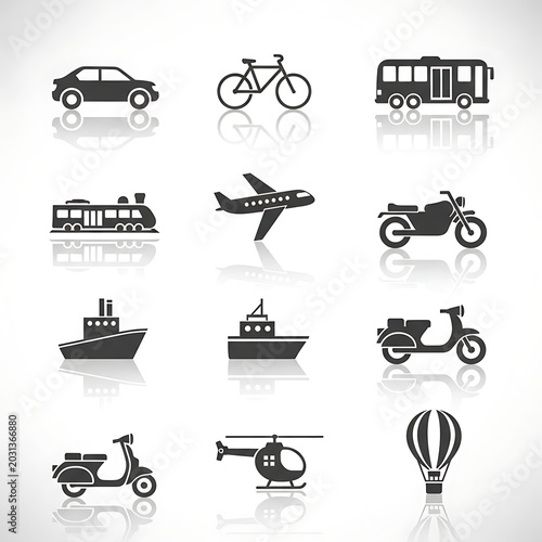 Transportation icons car bicycle bus train airplane motorcycle boat