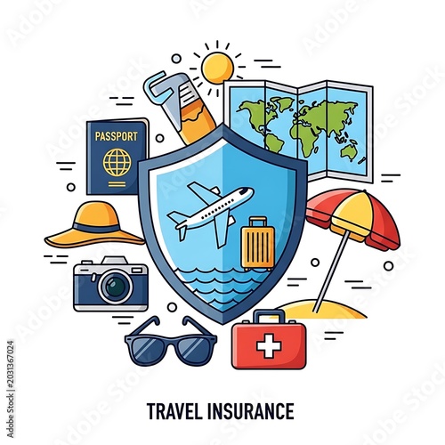 Travel insurance illustration airplane suitcase and world map symbols