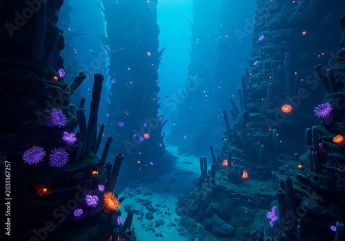 Underwater canyon scene with vibrant coral and glowing organisms