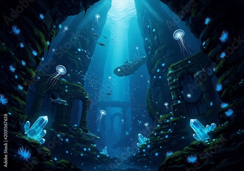 Underwater fantasy scene with glowing jellyfish and crystals in a mysterious blue cavern