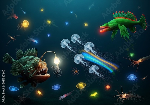 Underwater scene with diverse marine life and bioluminescent effects