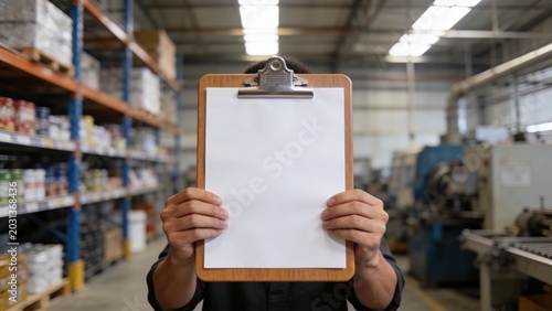 Person holding clipboard with blank paper in industrial warehouse setting