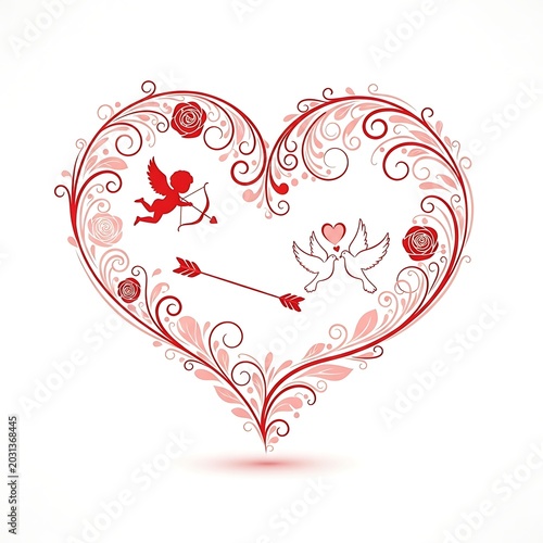 Valentines day heart ornament with cupid and doves on white background