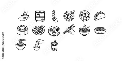 Bild auf Leinwand Icon set collection of popular Asian street food, dim sum, skewers, bubble tea, and various dining icons in line style