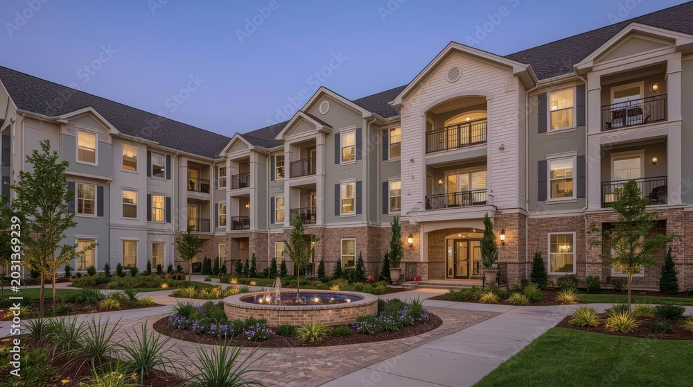 Obraz premium Luxury apartment complex exterior with landscaped courtyard and evening lights
