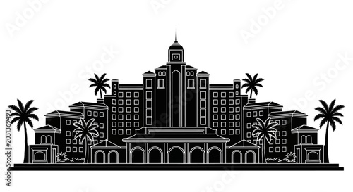 Luxury hotel silhouette with palm trees, elegant travel destination icon