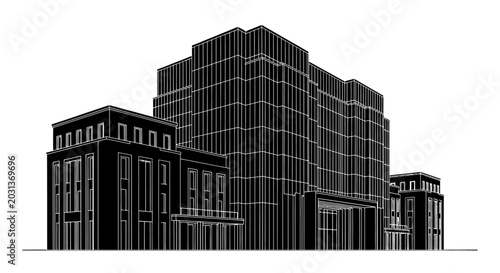 Black and white architectural line art of a modern corporate building