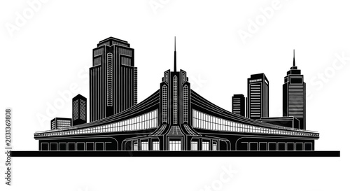 Modern city skyline silhouette with futuristic glass building architecture