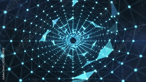 Abstract Digital Network Tunnel with Glowing Particles and Triangles.