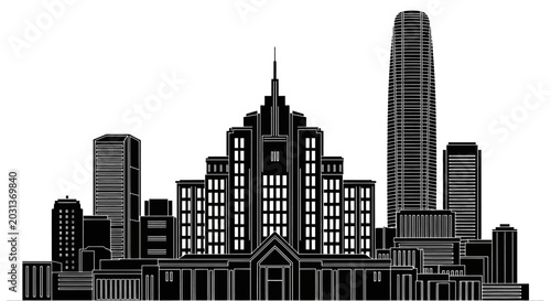 Modern city skyline silhouette with skyscrapers, urban architecture