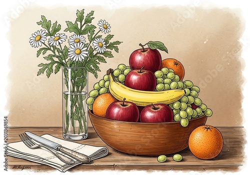 Vibrant fruit bowl with apples grapes oranges and a bouquet of flowers on wood