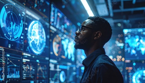 Businessman analyzing complex data on large blue digital screens.