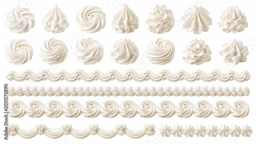 Whipped cream swirls and frosting borders set, white buttercream piping swirls for cake decoration, sweet dairy foam dollops on white background