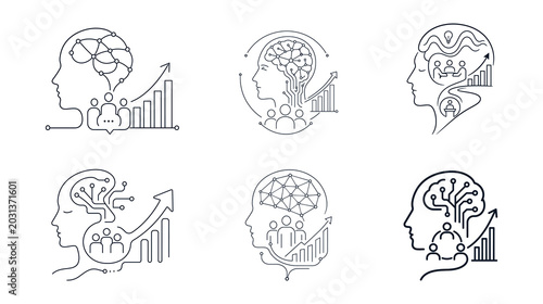 Minimal Human Mind Technology Icons AI, Innovation, Brain, Digital Concept, Growth Vector Set
