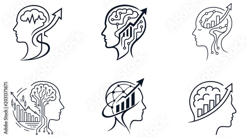 Minimal Human Mind Technology Icons Set AI Brain & Growth Concept