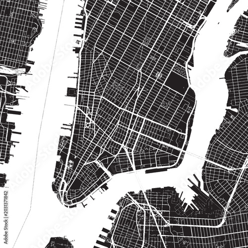 Foto Lower Manhattan New York Vector Map, Detailed District Street Map Black and Whit