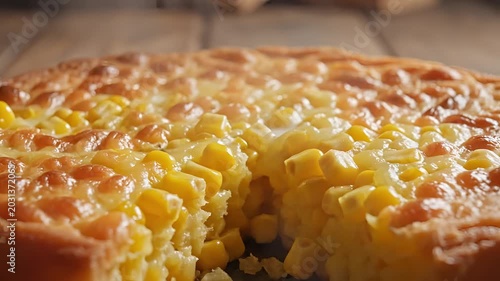 Delicious Golden Corn Pie CloseUp Shot on Wooden Table.