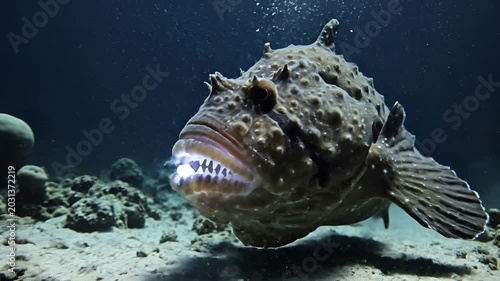 Deep Sea Anglerfish Lurking in Dark Ocean Depths Illuminated by Submersible Lights.