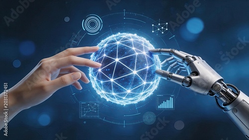 Human hand touching robotic hand around a glowing global network sphere, symbolizing the collaboration between humanity and artificial intelligence in future tech.